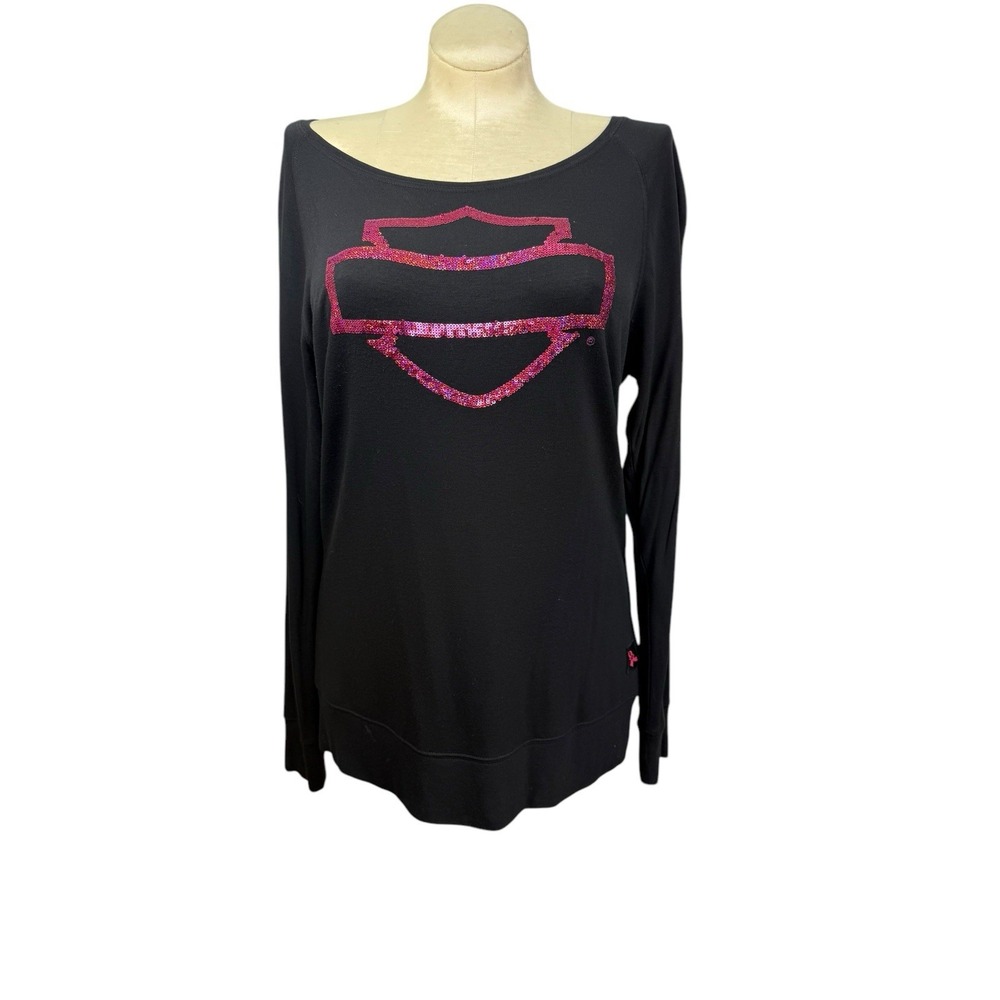 Harley Davidson Womens L Biker Black w/Pink Sequined Iconic Label Cancer‎ Ribbon